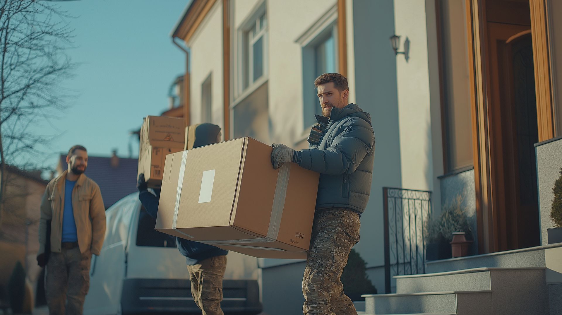 Déménageur qui porte un carton à bout de bras