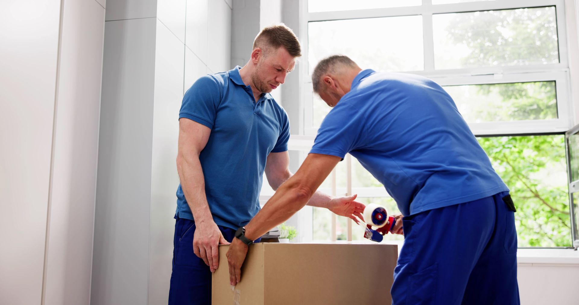 2 déménageurs qui ferment un carton