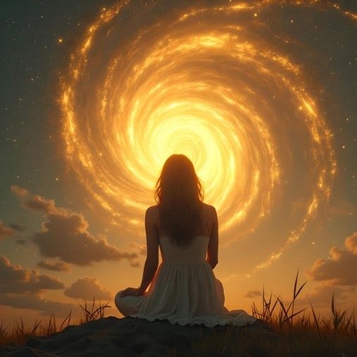 Frau meditiert vor einer goldenen, wirbelnden Galaxie, die sich als Silhouette vor einem Sternenhimmel abzeichnet.