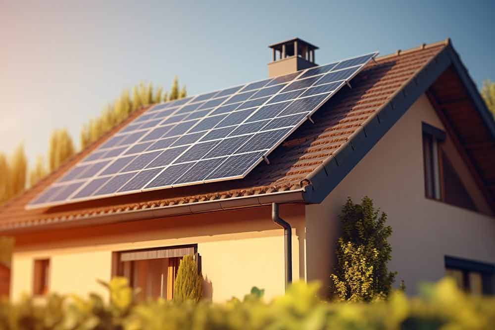 ein Haus mit Sonnenkollektoren auf dem Dach.