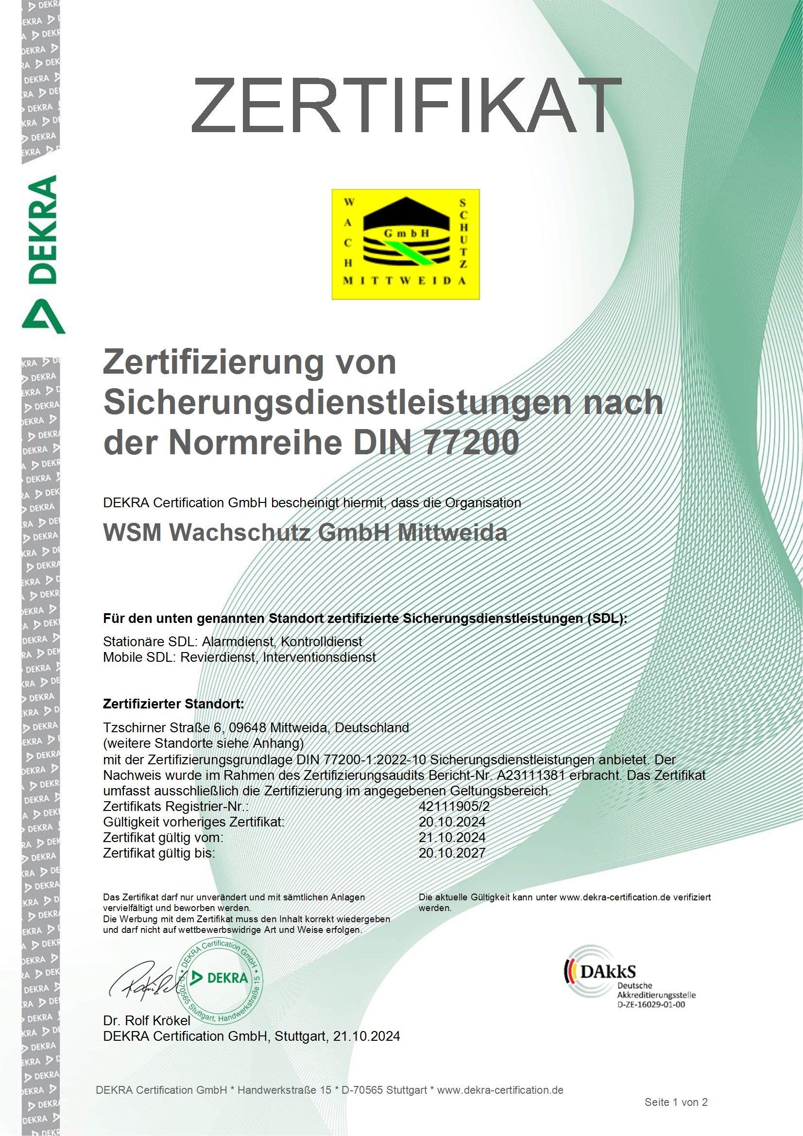 Zertifikat Sicherungsdienstleistungen DIN 77200