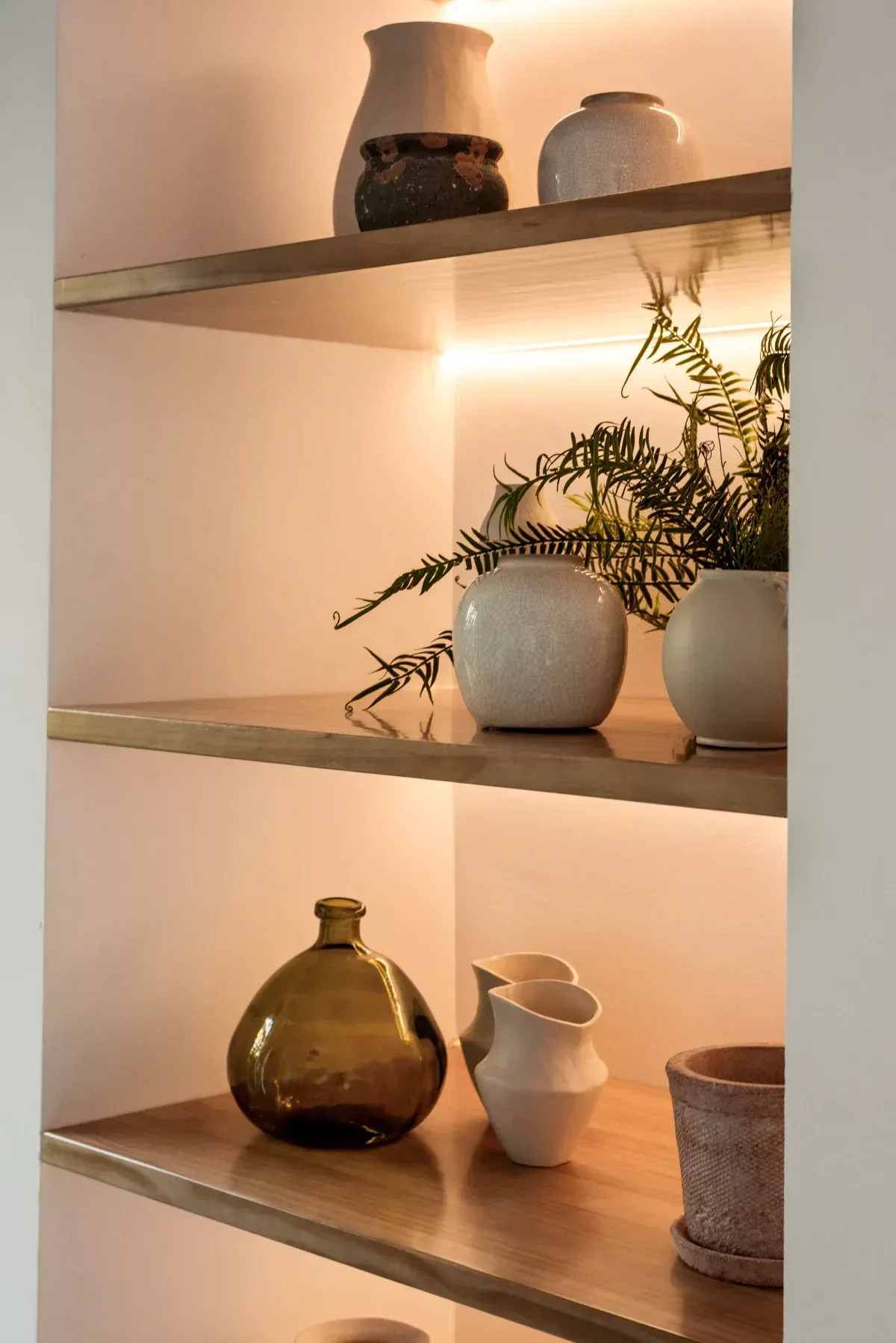 Estanterías de madera con plantas iluminadas y cerámica.