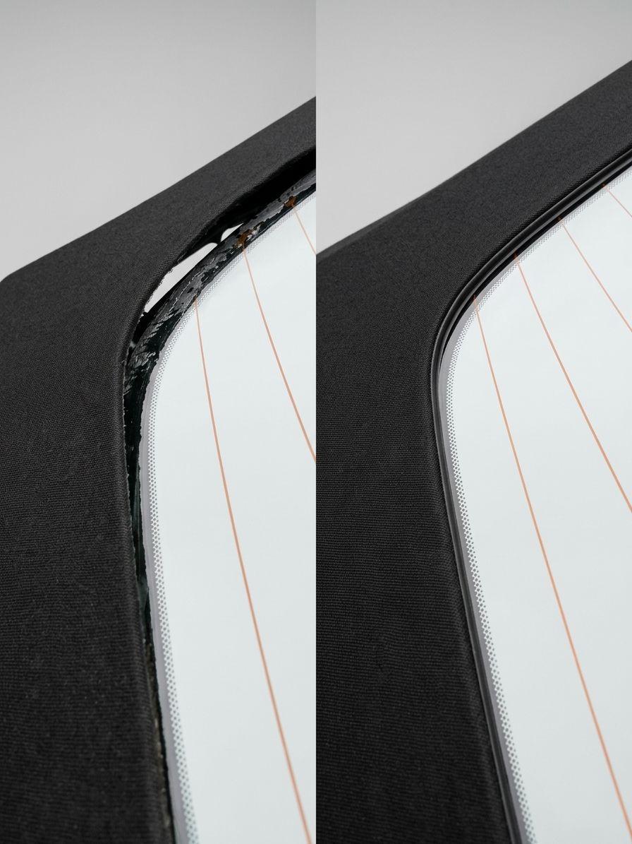 Abgelöste Heckscheibe eines Cabrioverdecks vor und nach Reparatur