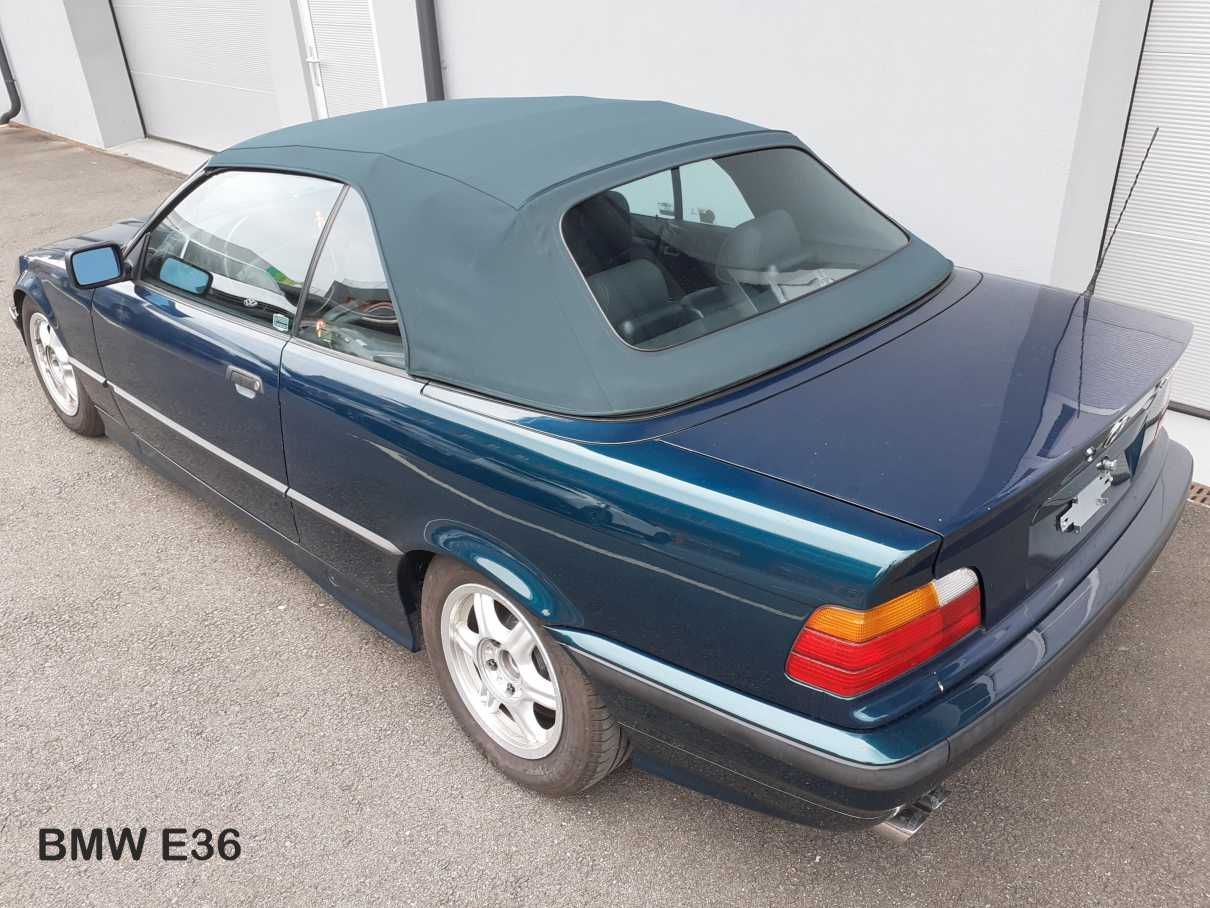 Grünes BMW E36 Cabrio mit grünem Stoffverdeck