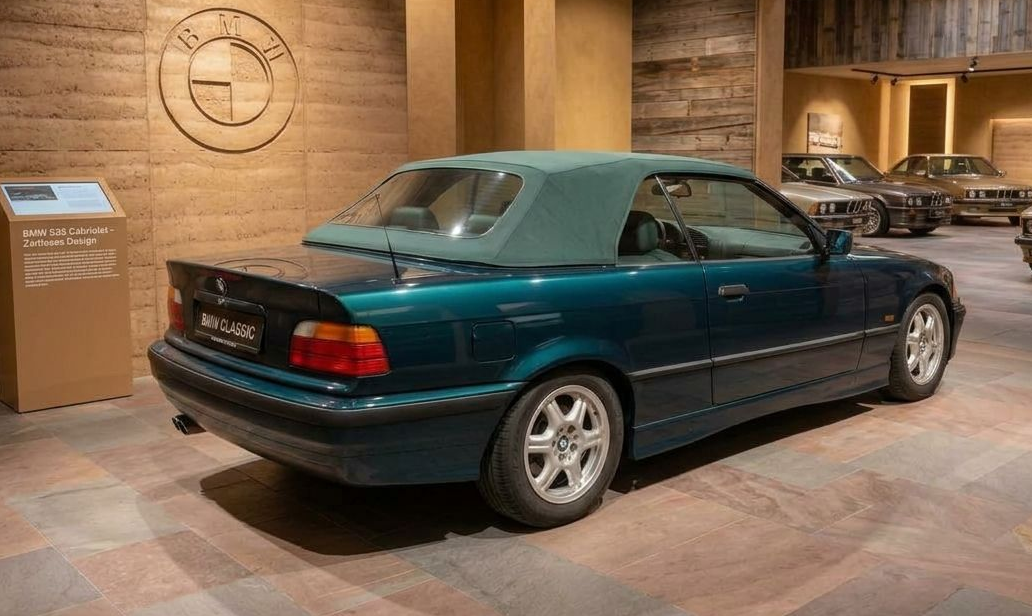 Grüner BMW E36 Cabrio mit grünem Stoffverdeck in Showroom