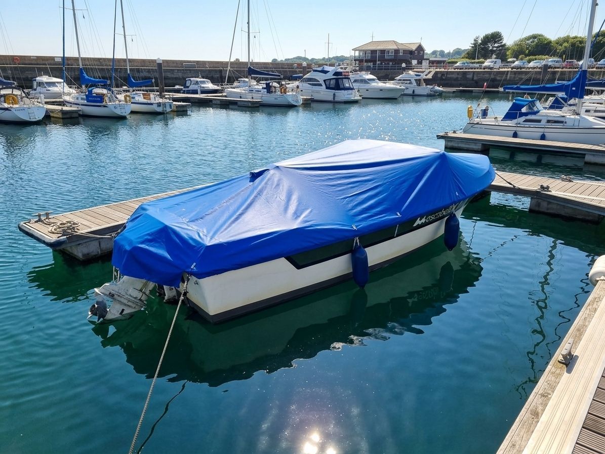 Motorboot mit Persenning in Stamoid light