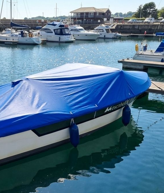 Persenning in Stamoid light königsblau auf Motorboot