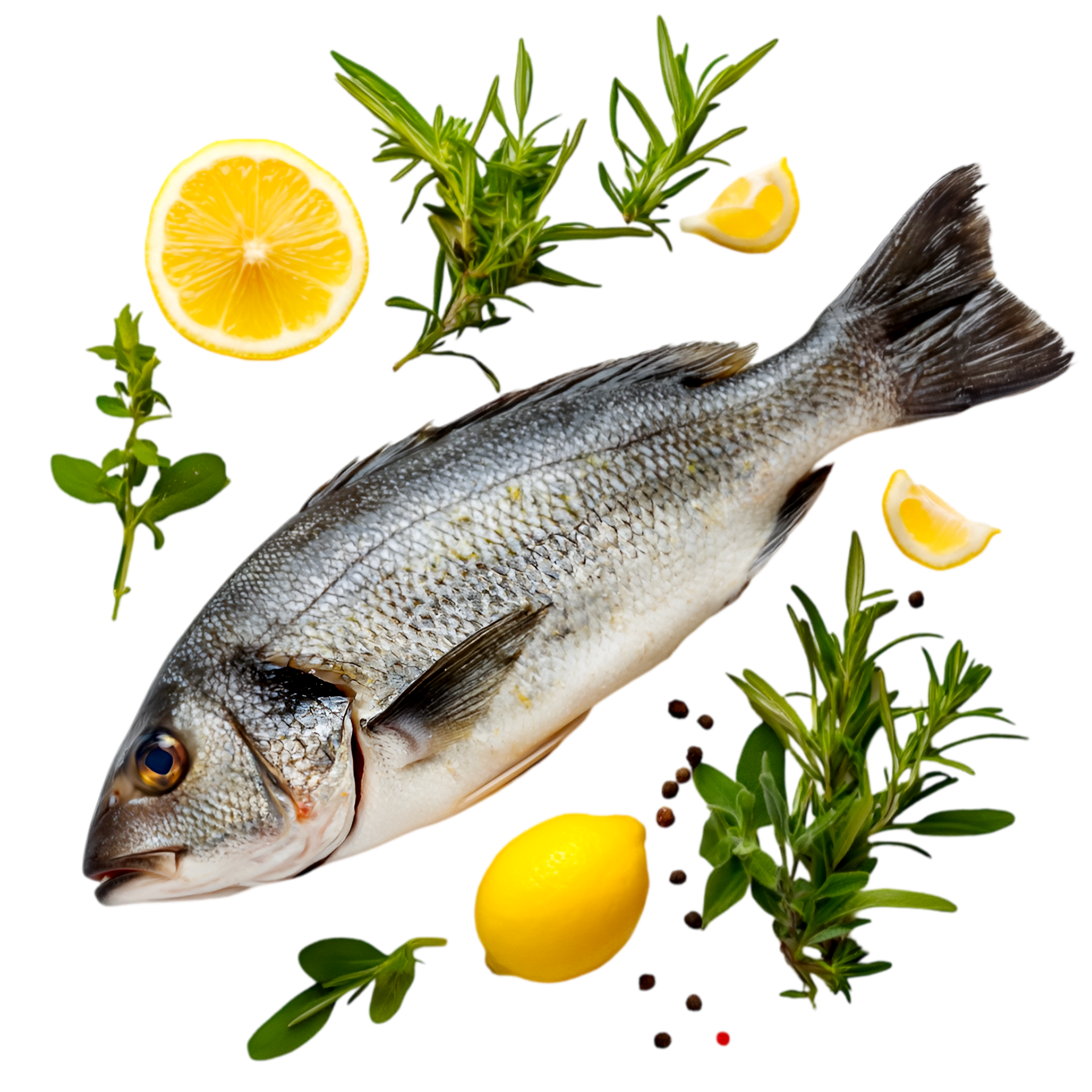 Um peixe cercado por limões e ervas em um fundo branco.