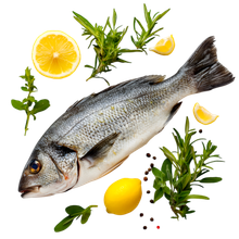 Um peixe cercado por limões e ervas em um fundo branco.