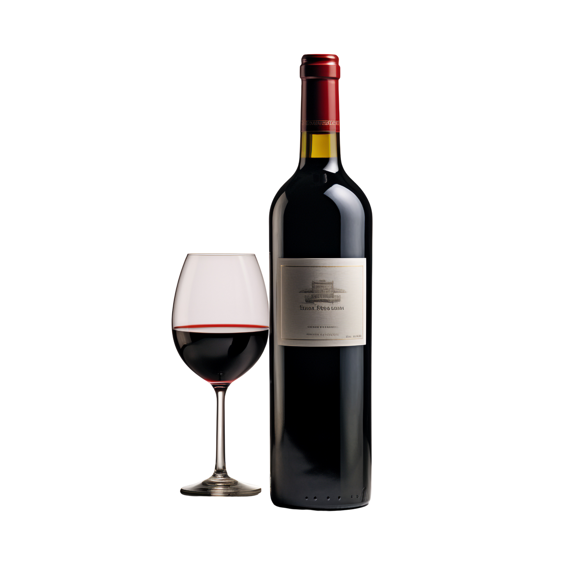 Uma garrafa de vinho tinto ao lado de uma taça de vinho tinto