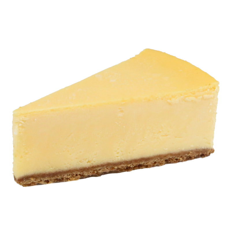 Uma fatia de cheesecake em um fundo branco.