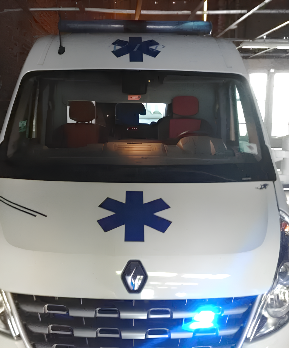 Ambulance blanche avec logo étoile de vie bleue, gyrophares bleus et sièges rouges visibles.
