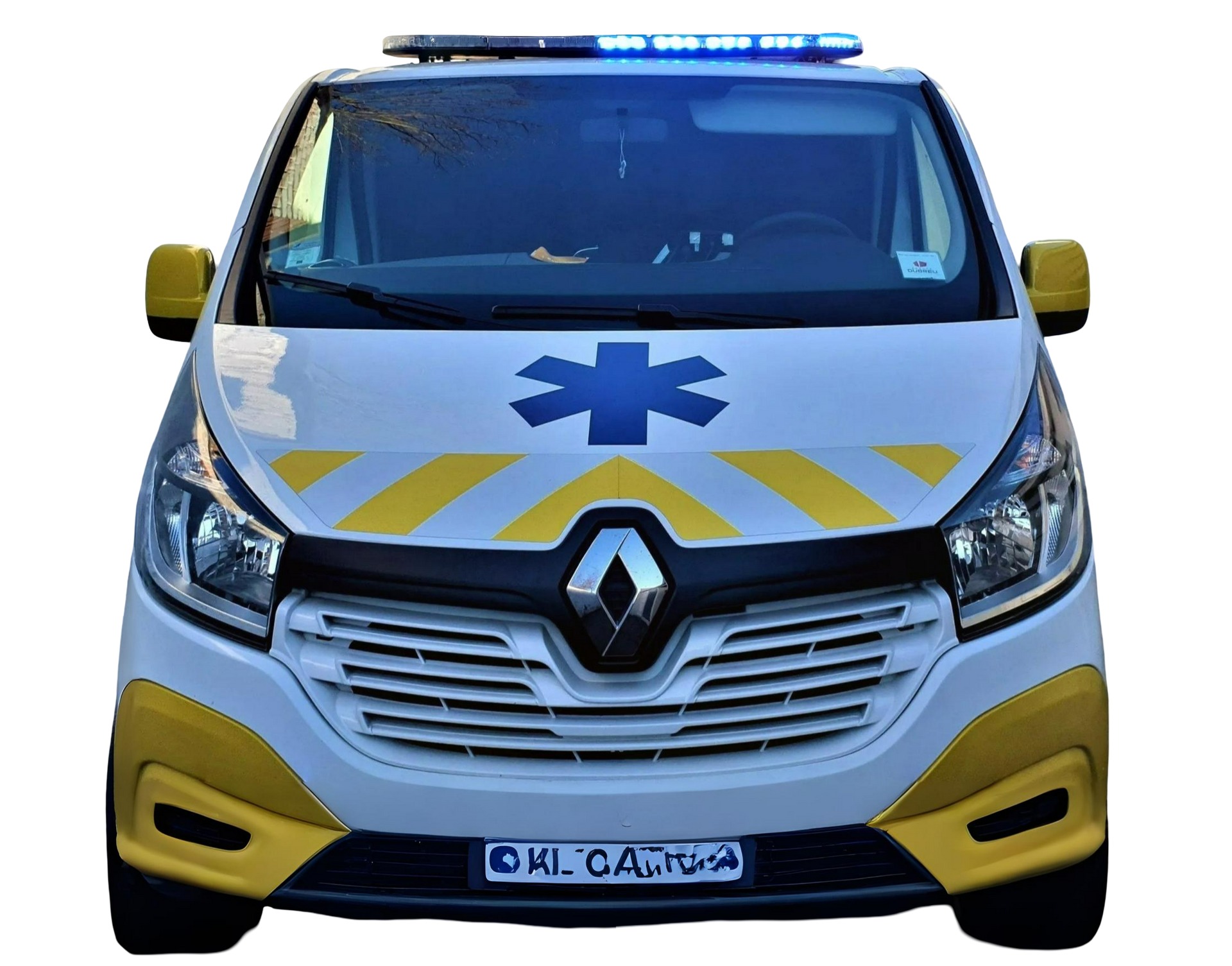 Ambulance blanche et jaune avec gyrophares bleus ; un véhicule d'urgence médicale.