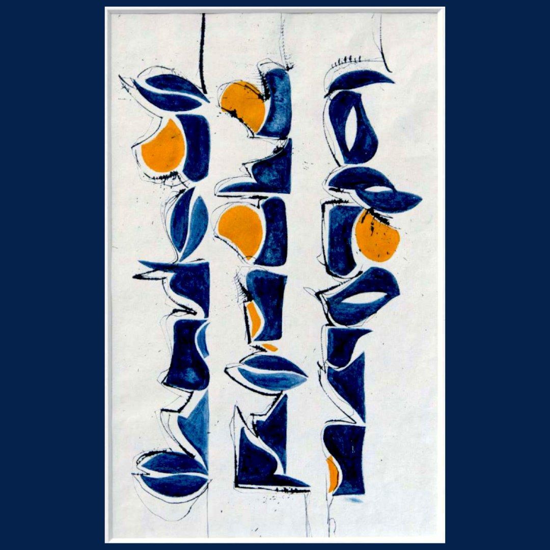 Tableau vertical avec des formes bleutées et orange