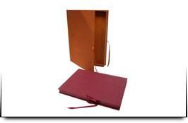 Una caja marrón con un libro rojo dentro sobre un fondo blanco.