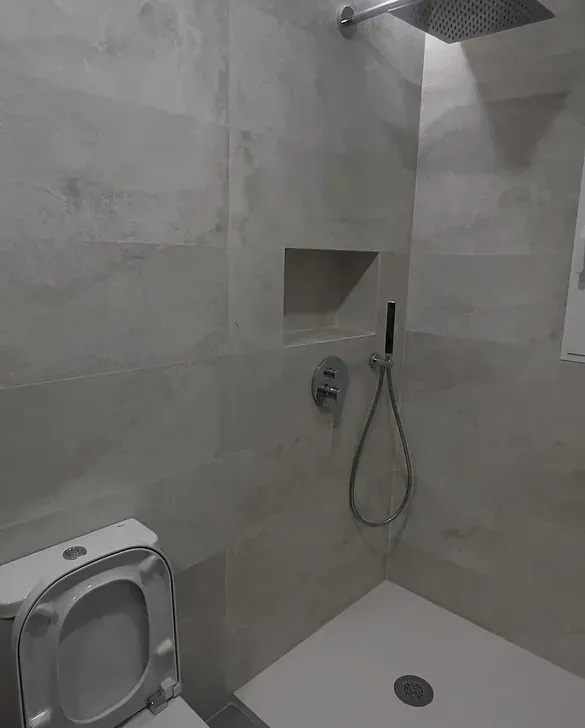 Un baño con inodoro, ducha y cabezal de ducha.