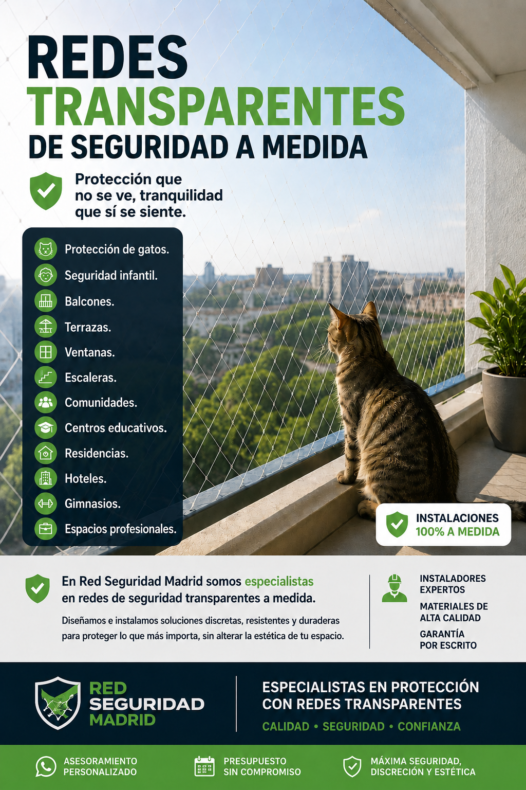 Un gato en un balcón contemplando las vistas de la ciudad a través de una malla de seguridad transparente, con texto de seguridad en español.