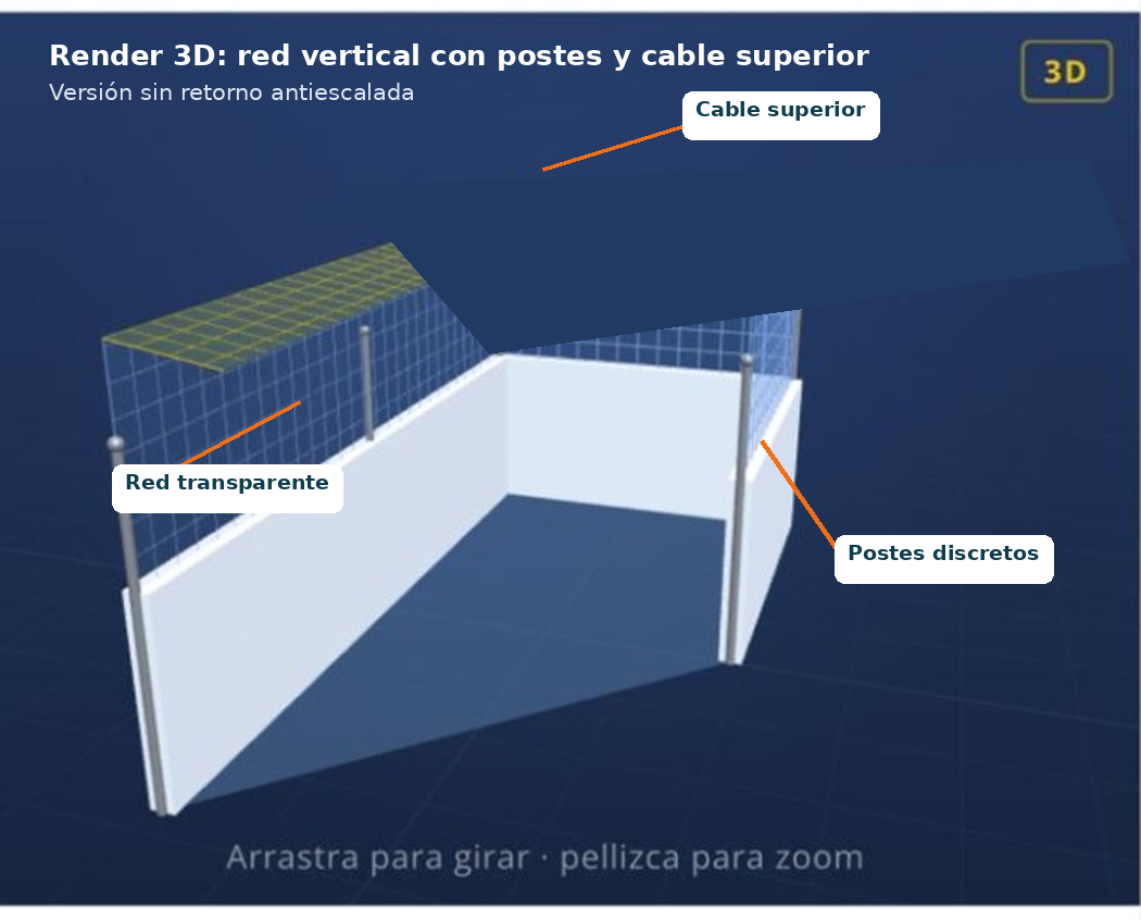 Renderizado 3D de una pared transparente roja con paneles blancos y etiquetas de soporte para cables.