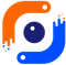 Un logo blu e arancione con un occhio al centro