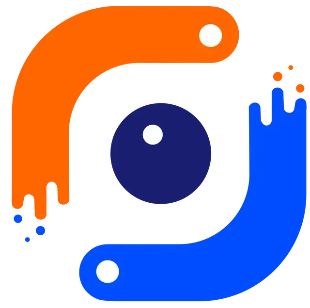 Un logo blu e arancione con un occhio al centro