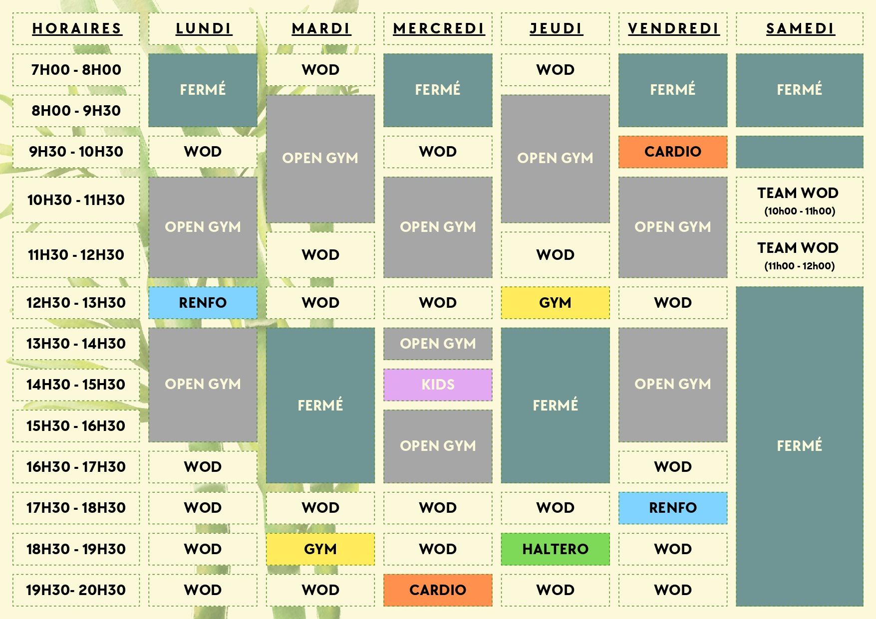 Une page de planification pour une salle de sport avec beaucoup de cases de couleurs différentes.