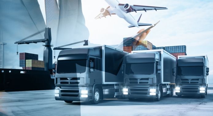 Businessperson superimposed over transportation modes: trucks, ship, airplane.