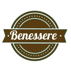 Logotipo marr&oacute;n y blanco con la palabra "Benessere" en una pancarta.