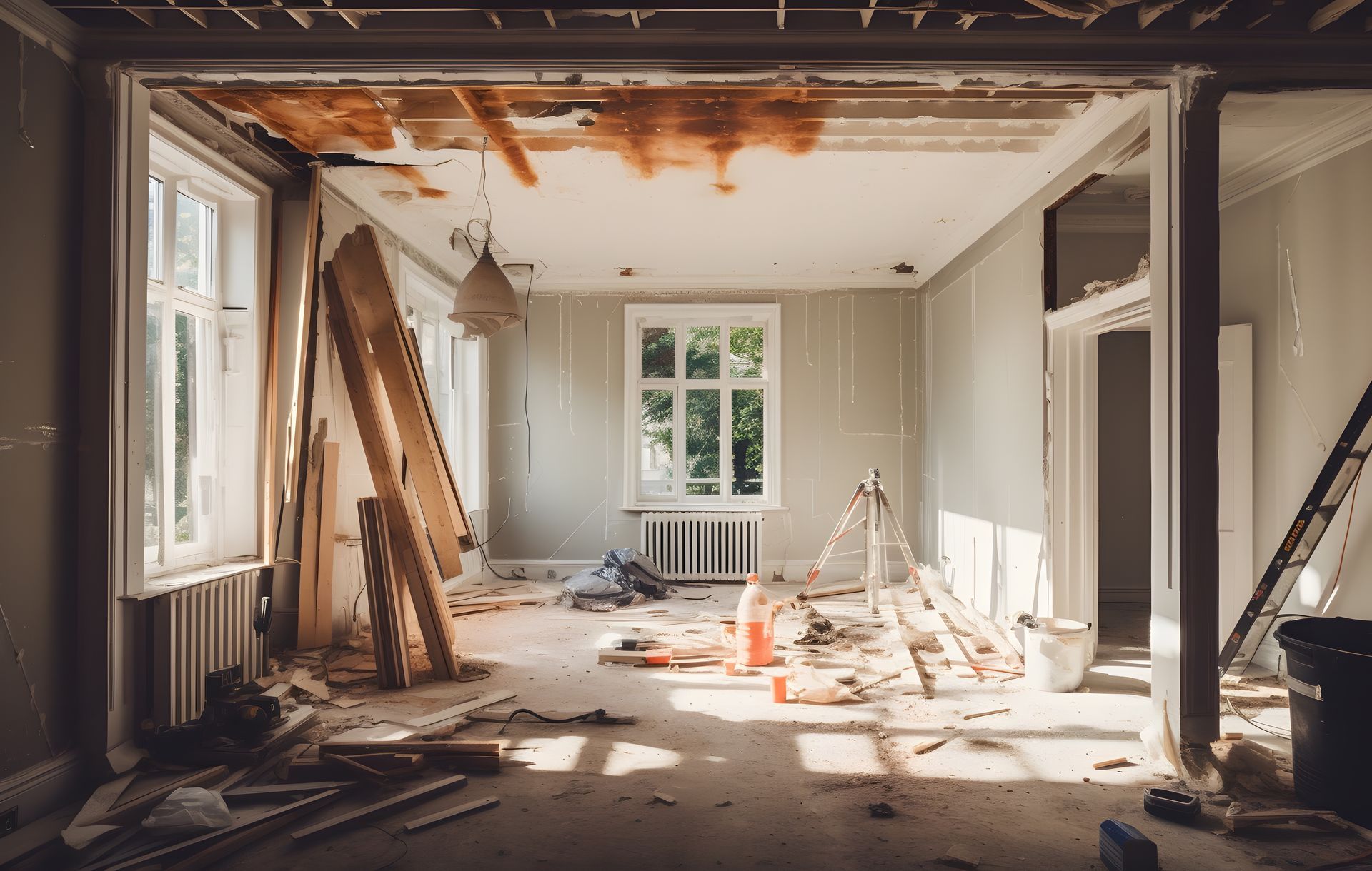 Pièce en rénovation avec plafond apparent, débris et outils éparpillés.