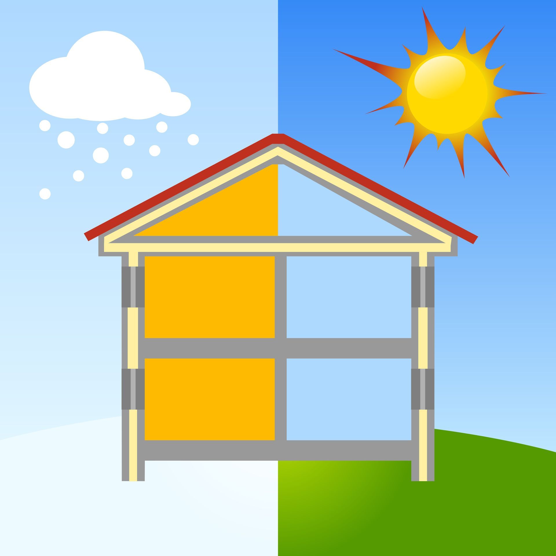 Maison divisée en deux, montrant la neige et une journée ensoleillée.