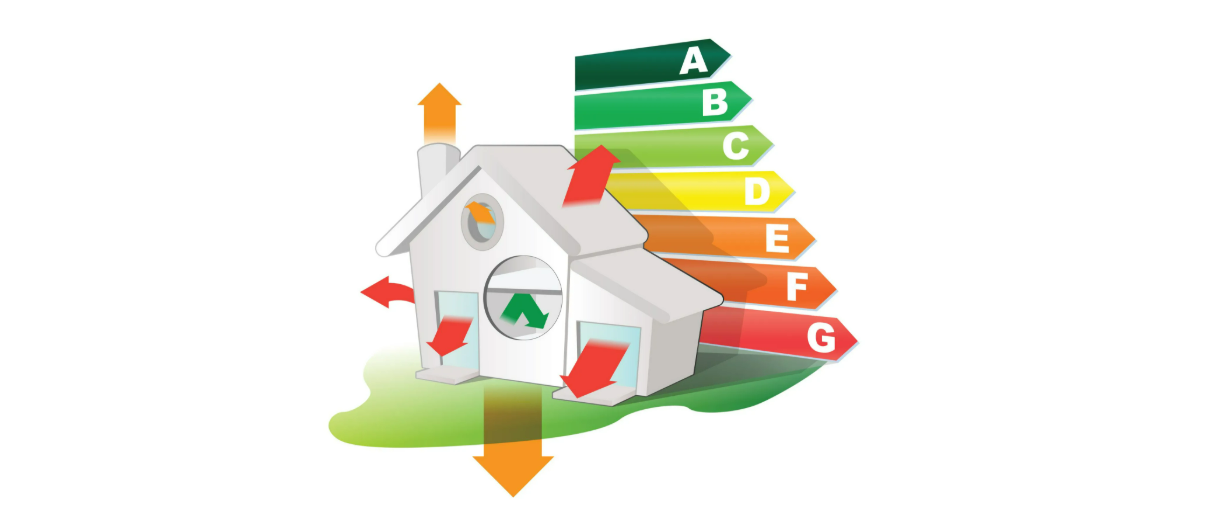 Maquette de maison avec sigle DPE coloré et fléchages indiquant la déperdition énergétique