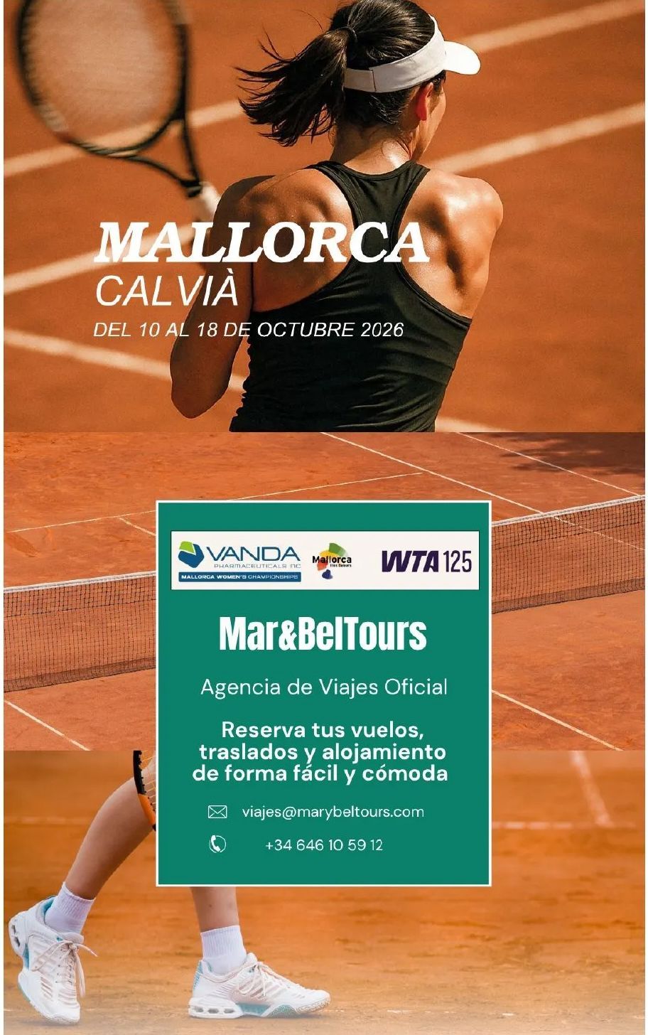 Jugador de tenis de negro en pista de tierra batida con superposición de póster del evento Mallorca Calvià y Mar de Reus