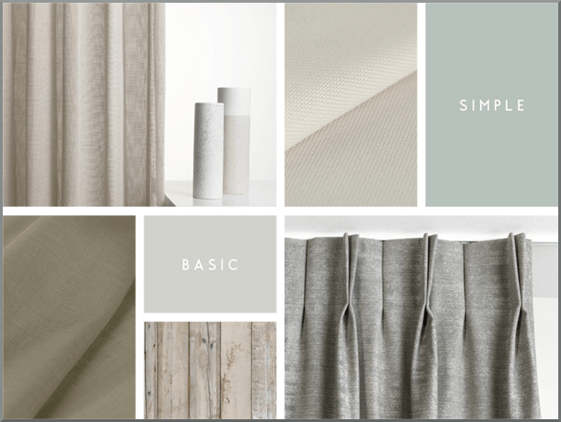 Différents choix de couleur de rideaux dans les tons gris et beige