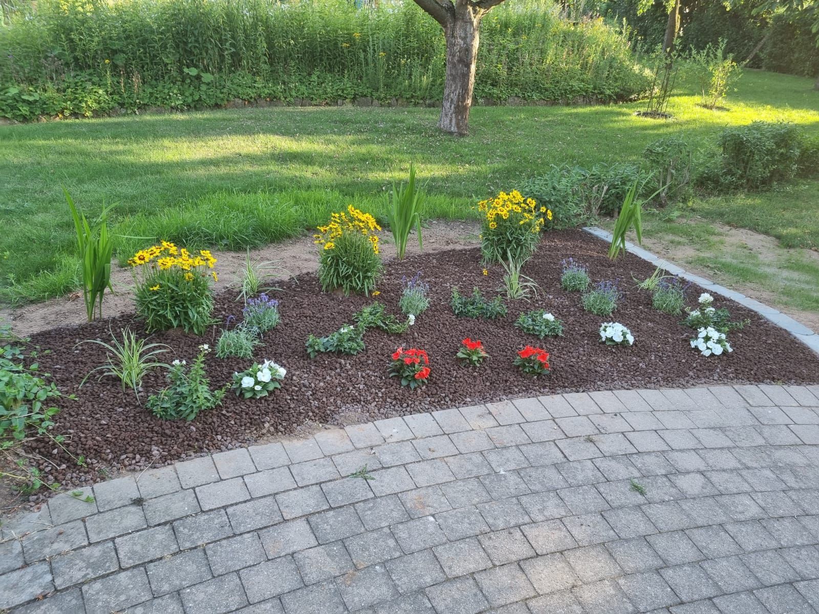 Ein Ziegelweg, der zu einem Garten mit Blumen und Mulch führt.