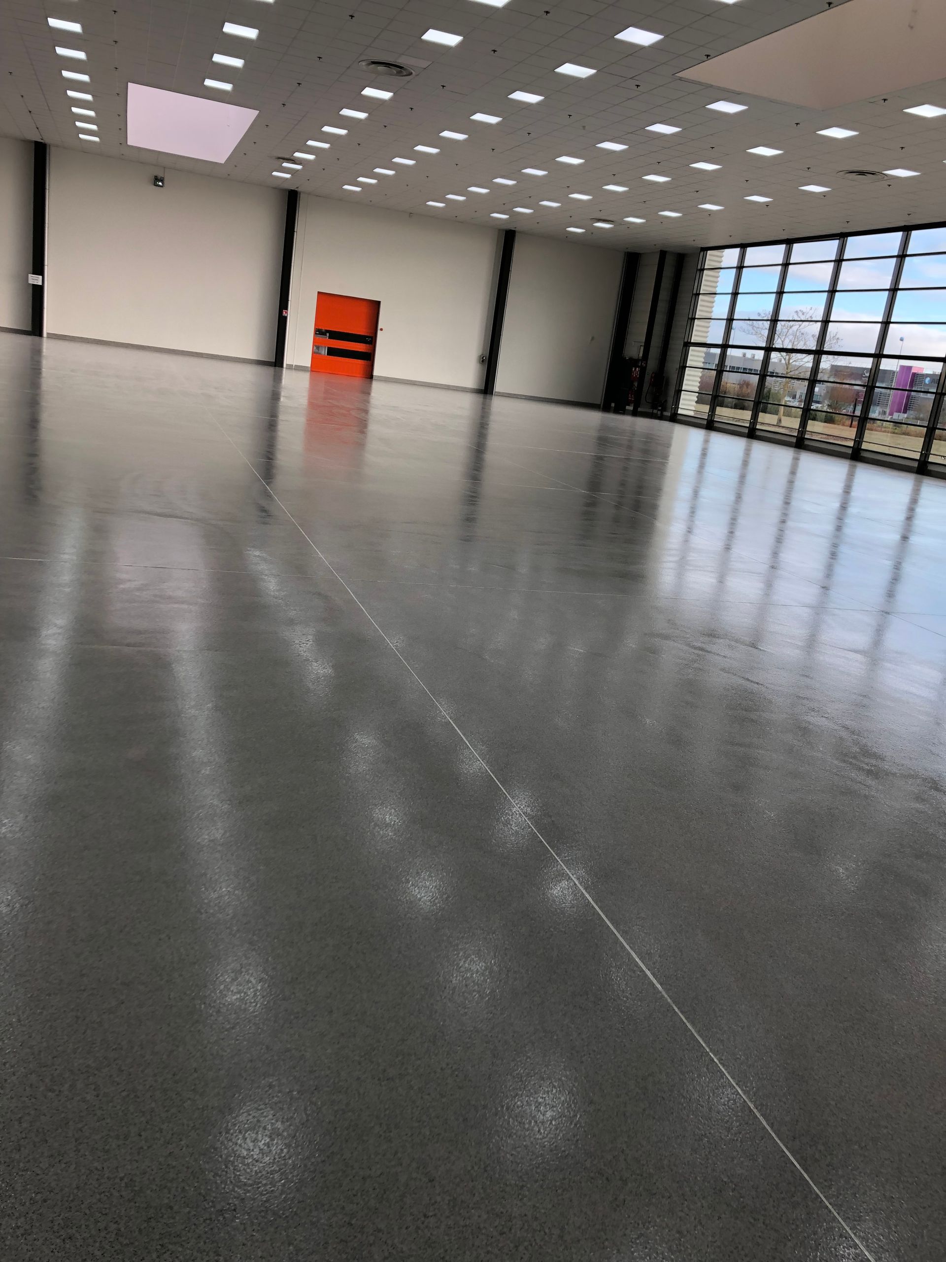 Grande pièce avec un sol gris devant une fenêtre