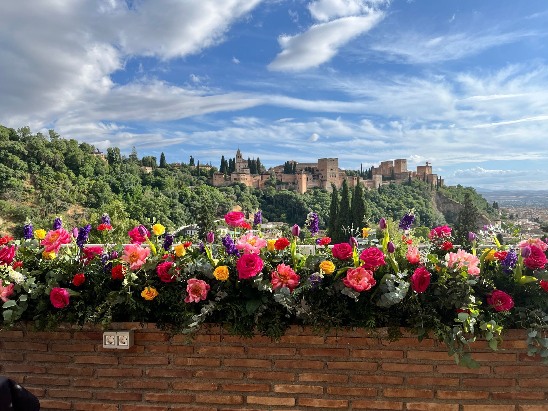 Una pared de ladrillos cubierta de flores con una vista de una ciudad al fondo.
