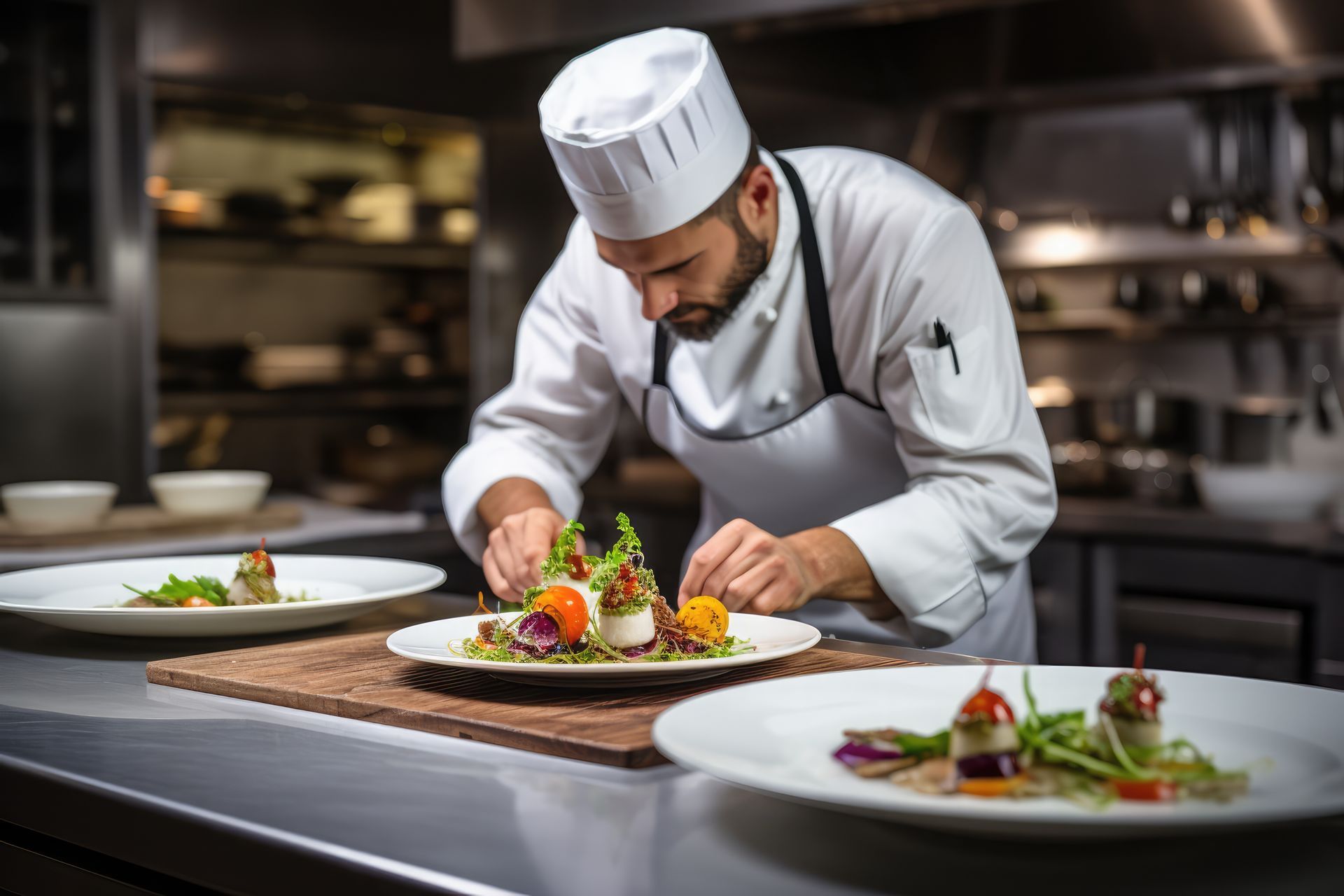 Chef en uniforme blanc dressant des plats dans une cuisine commerciale.