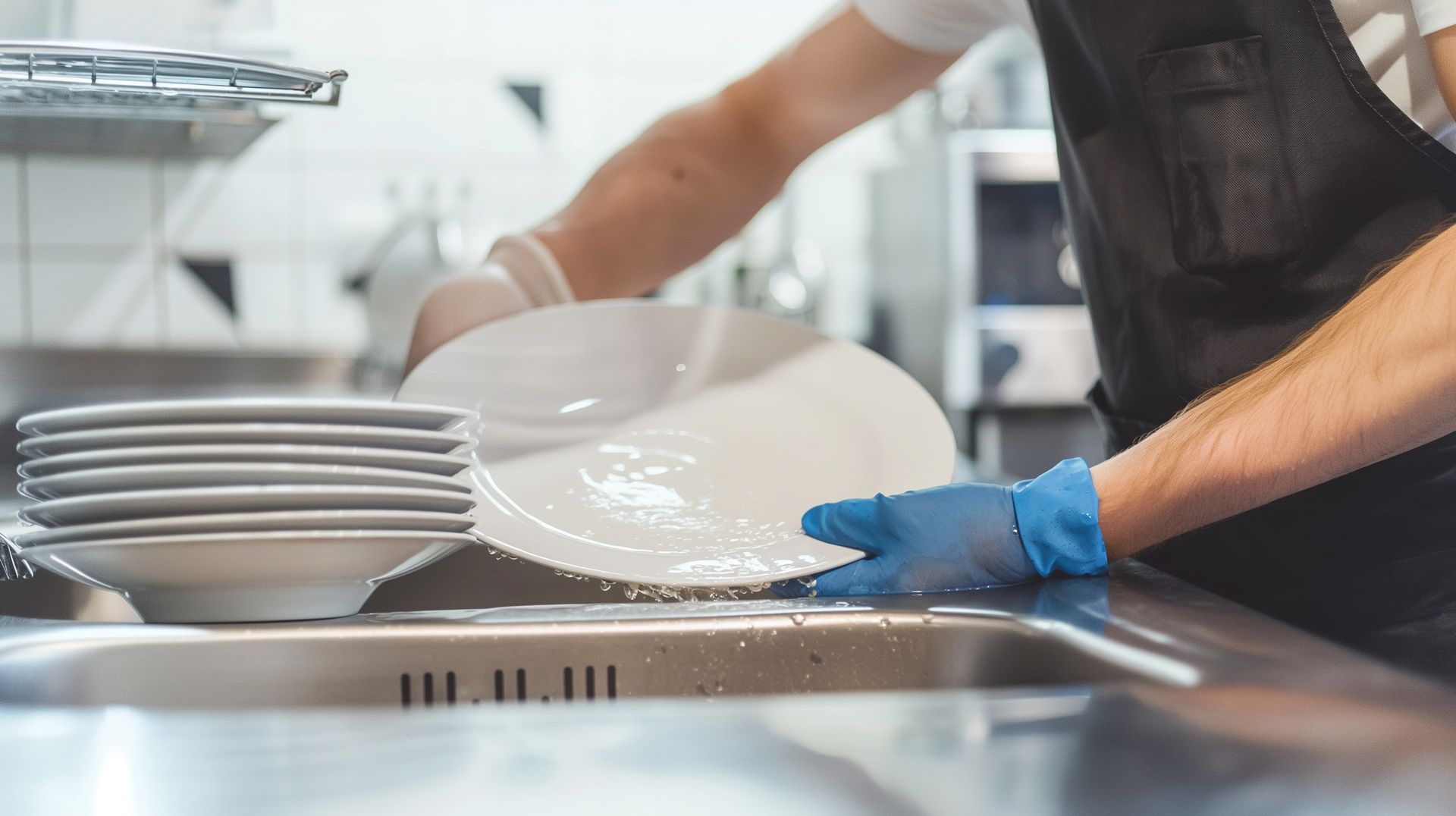 Détail de mains gantées qui lavent des assiettes