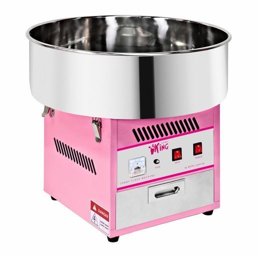 Machine à barbe à papa de couleur rose avec un bac couleur inox