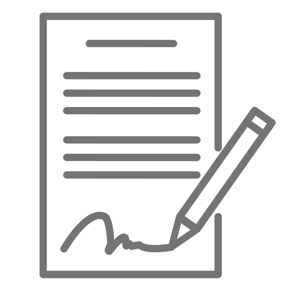 Icône d'une feuille de papier avec du texte dessus en train d'être signé avec un stylo