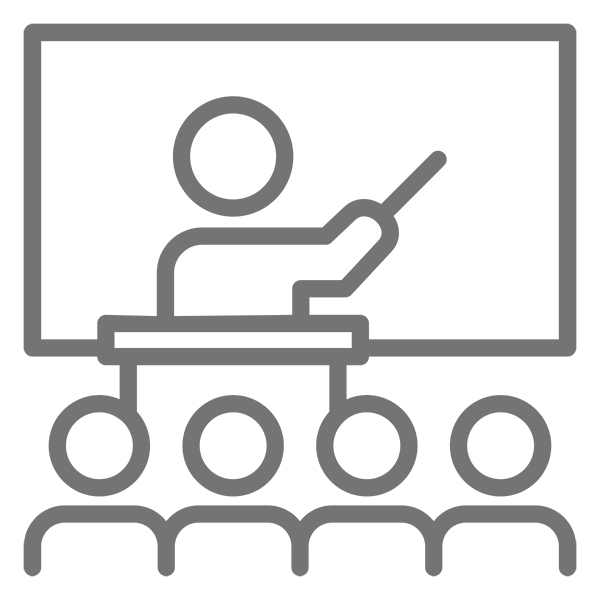 Icône présentant un enseignant montrant le tableau à une classe d'élèves