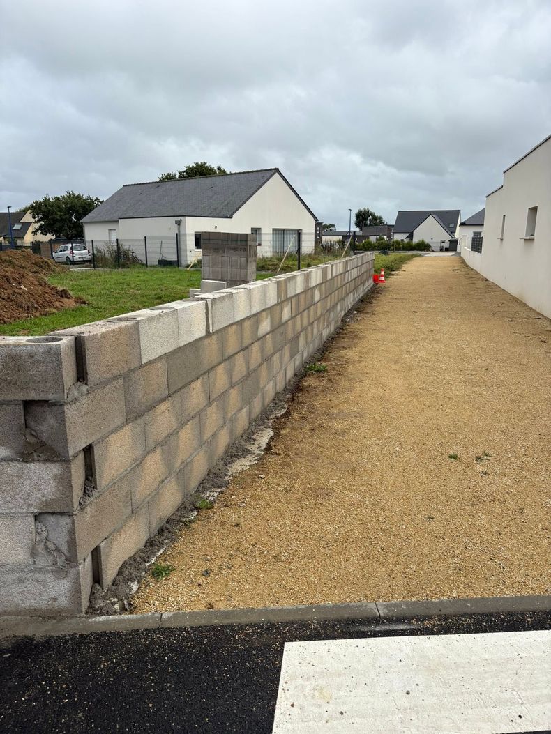 Allée de gravier longeant un muret de parpaings gris et des maisons blanches sous un ciel nuageux