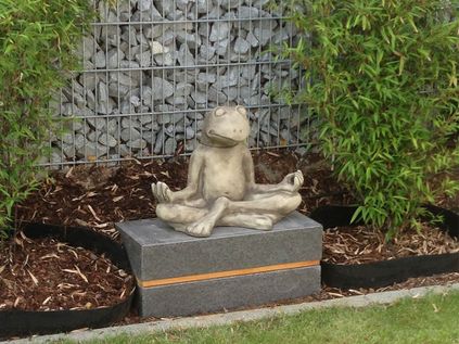 Frosch im Schneidersitz im Garten