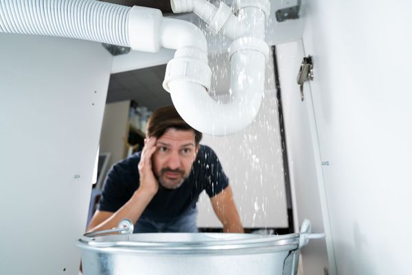 Ein besorgter Mann blickt unter ein Waschbecken, während Wasser aus einem undichten Abflussrohr spritzt und in einen darunterstehenden Metalleimer tropft.