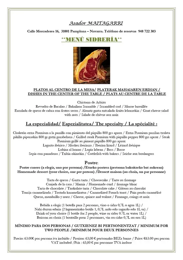 Un menú de un restaurante con la imagen de un trozo de carne.