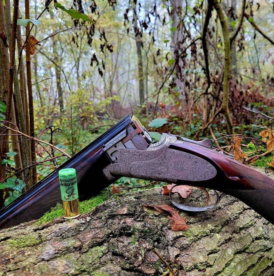 Vue d'un fusil de chasse ouvert avec cartouches  et paysage de forêt en arrière-plan