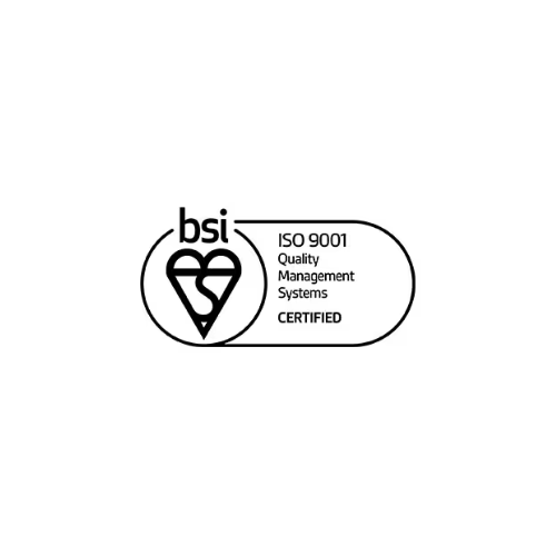 Logotipo de BSI con certificación ISO 9001 para sistemas de gestión de calidad. Blanco y negro, con el logotipo y el texto de BSI.