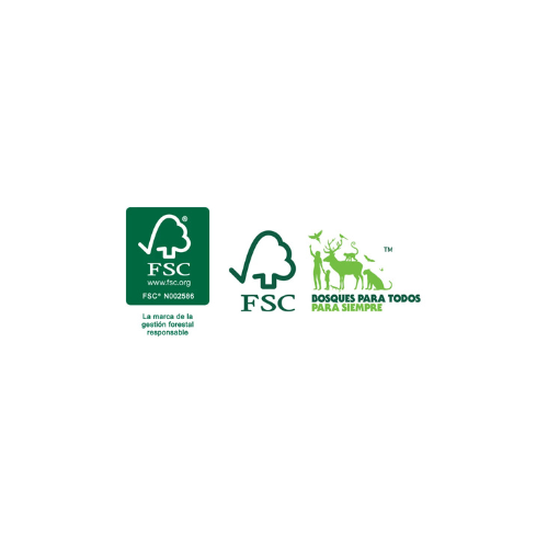 Tres logotipos del FSC (Consejo de Administración Forestal) en verde. Estos logotipos promueven la silvicultura sostenible.