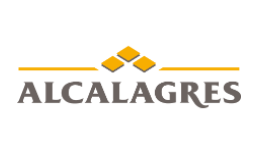Logotipo para Alcalagres con un diseño de azulejos dorados sobre el nombre de la empresa en gris.