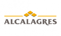 Logotipo: Texto “ALCALAGRES” debajo de tres diamantes amarillos.