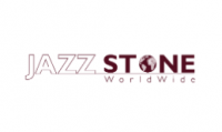Logotipo de Jazz Stone World Wide, con texto y un ícono de globo terráqueo en granate y gris.